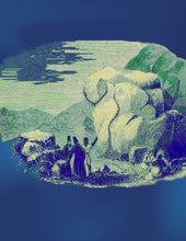 Load image into Gallery viewer, Digital artwork and physical print capturing a historical scene from Palestine, featuring mountain men in traditional attire. The image is dominated by cool blue tones, reflecting the mountainous landscape and the cultural heritage of the region.