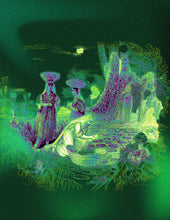 Load image into Gallery viewer, Digital artwork and physical print depicting a historical scene from Palestine, featuring village women in traditional attire. The image is infused with bright green colors, symbolizing the lush landscape and cultural heritage of the region.