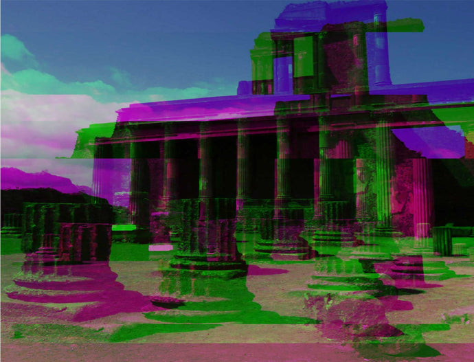 Neoteric Renaissance-style print showcasing vibrant columns in bright, bold colors. The artwork blends classical architectural elements with a modern twist, highlighting the timeless elegance of Renaissance design in a contemporary context.